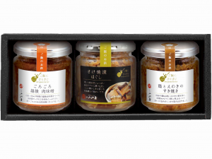 ご飯にひとさじ詰合せ　肉ごろごろ越後肉味噌・鶏とえのきのすき焼き・さけ焼漬ほぐし　各１瓶